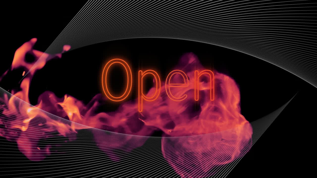 Animazione del testo "open" al neon rosso su linee parallele e fuoco su sfondo nero.