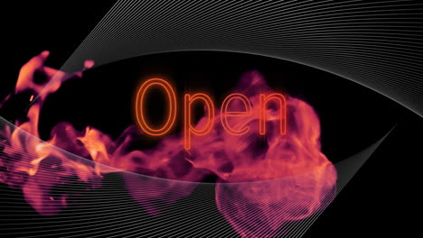 animación de texto abierto en neón rojo sobre líneas paralelas y fuego en negro