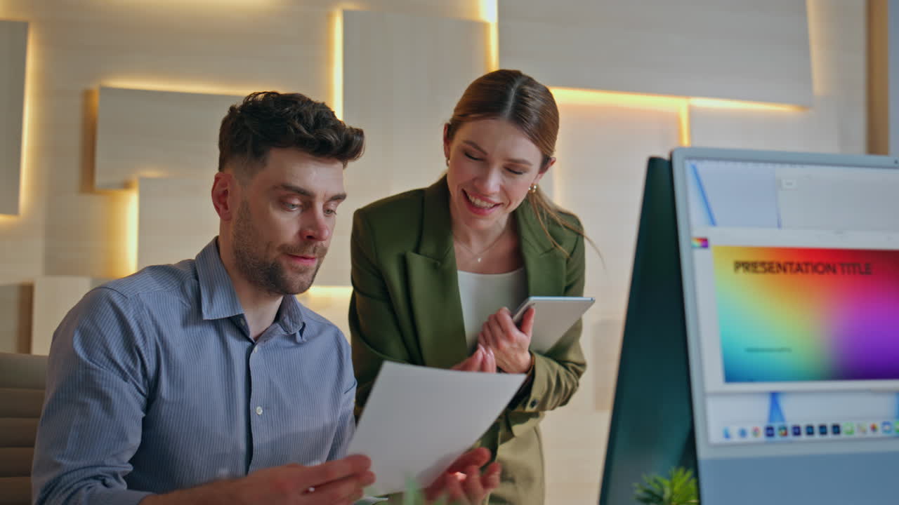 Coworkers creating design project in creative studio close up. Woman discussing