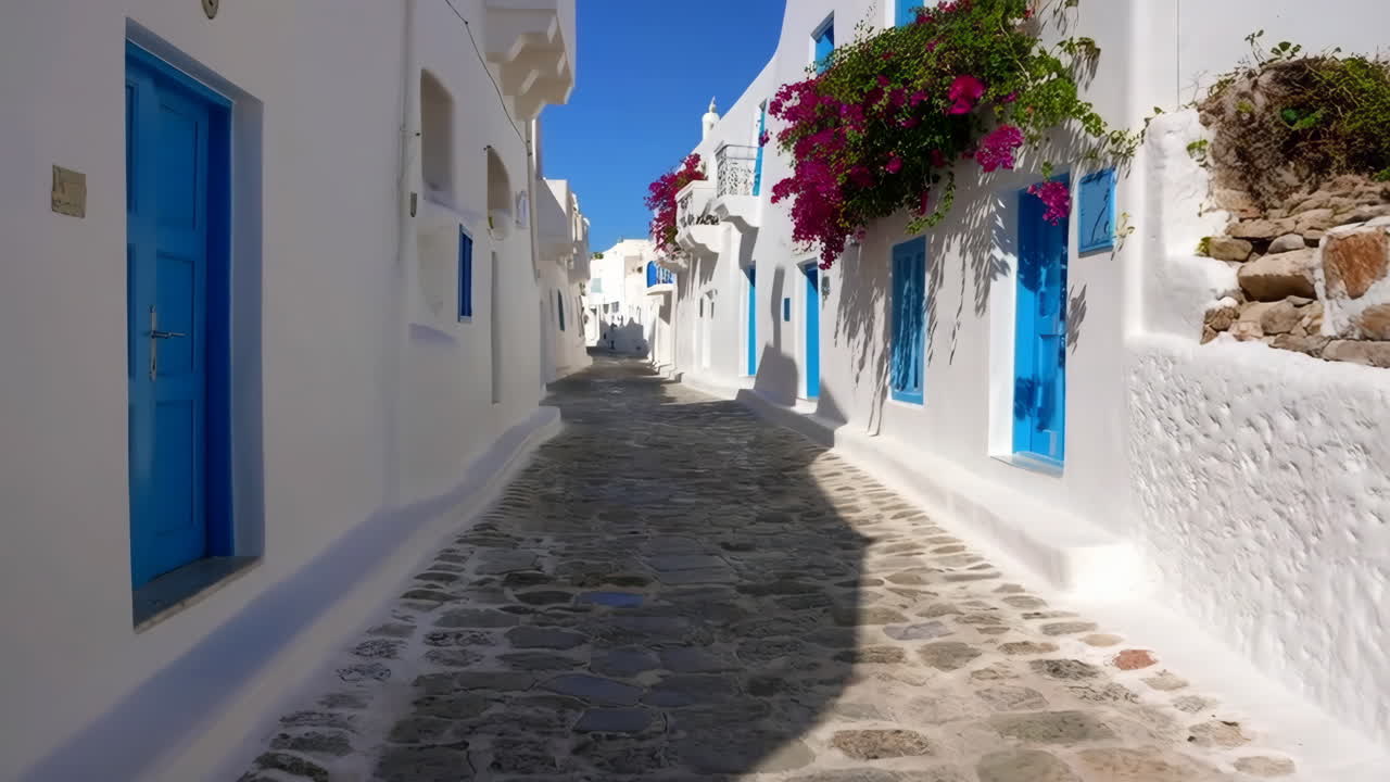 Charming Whitewashed Street with Blue Doors on a Greek Island