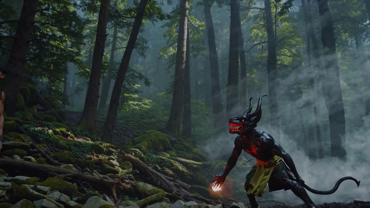 un demonio en un bosque de niebla se encuentra con un guerrero tribal