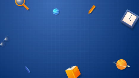 back to school 3d elements animation icons popping up to add text in the center - blue squares background