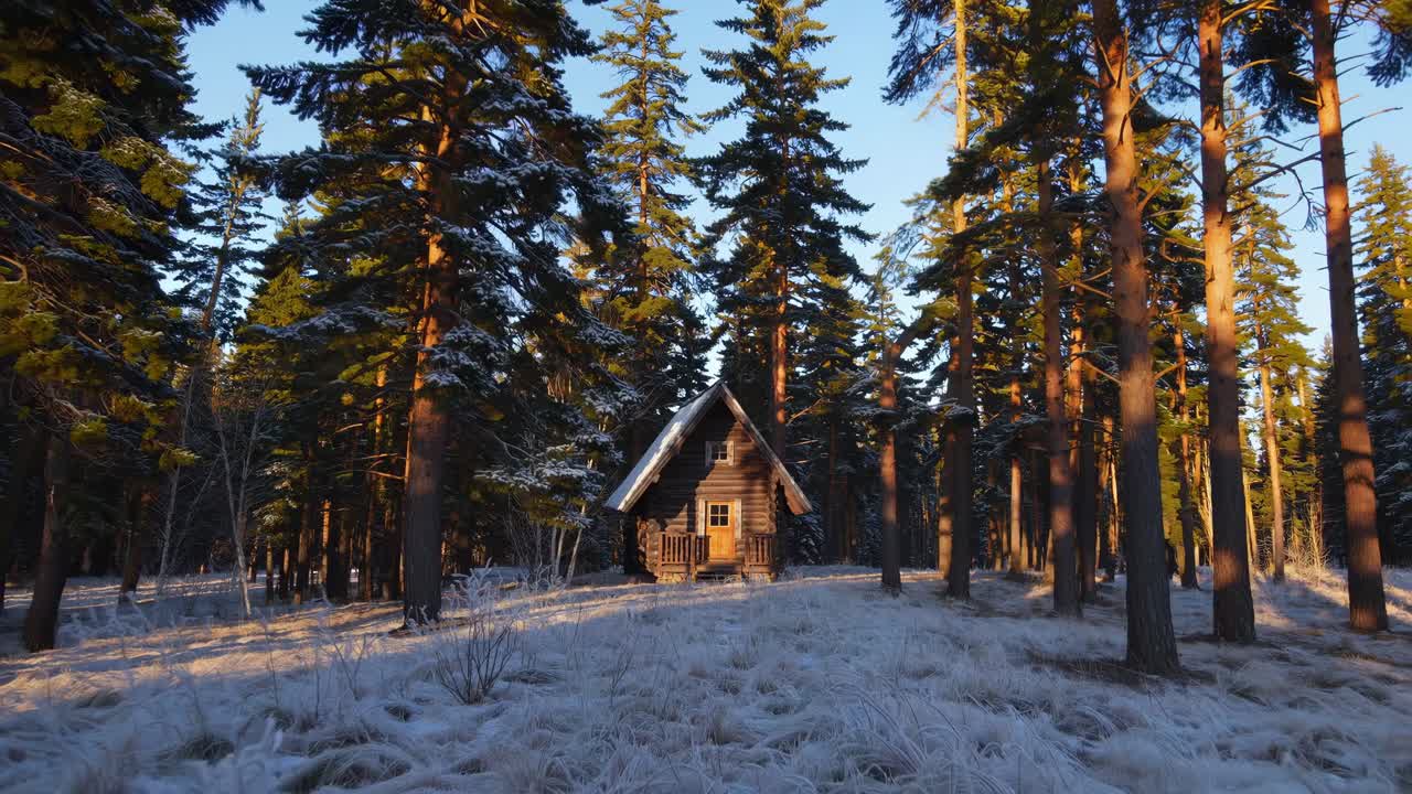 Warm sunlight illuminates a charming wooden cabin nestled amidst a tranquil snowy pine forest, creating a serene and inviting winter scene during sunrise