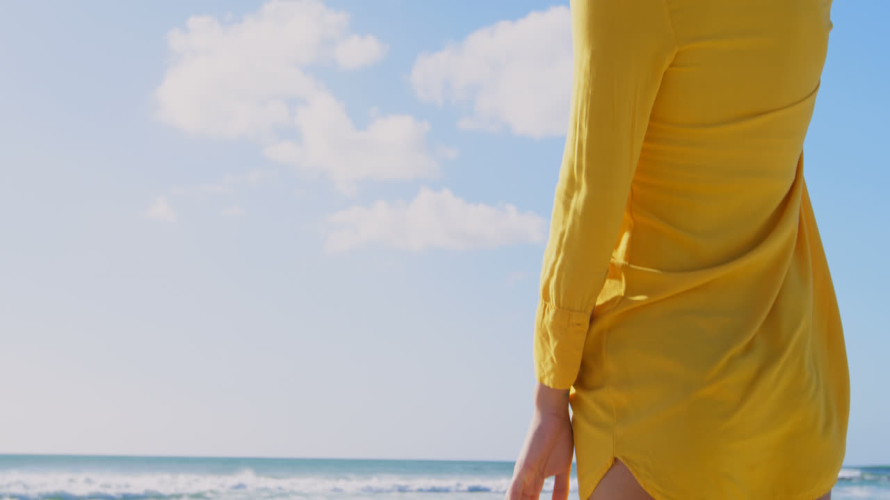 Vista de costas de jovem mulher com chapéu de palha de pé na praia 4k