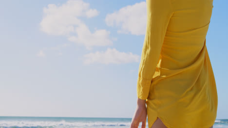 vista trasera de una mujer joven con sombrero de paja de pie en la playa 4k