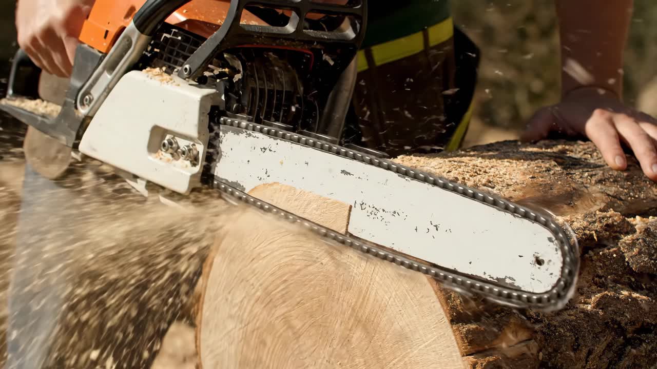 Chainsaw cutting through a log of wood