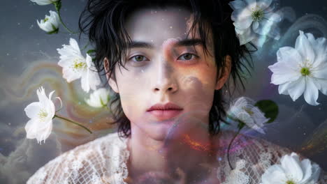 ethereal portrait of a man amidst blossoms and colorful swirls