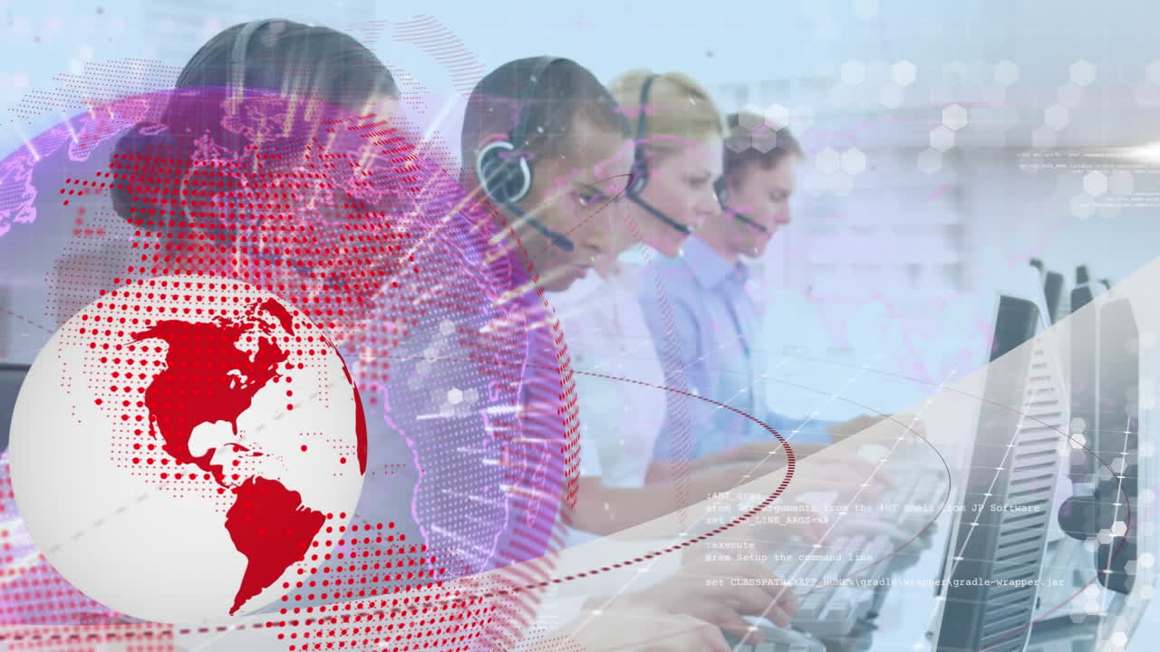 전화 헤드 ⁇ 을 착용 한 사업가 들 위 에 지구 와 데이터 처리 의 애니메이션