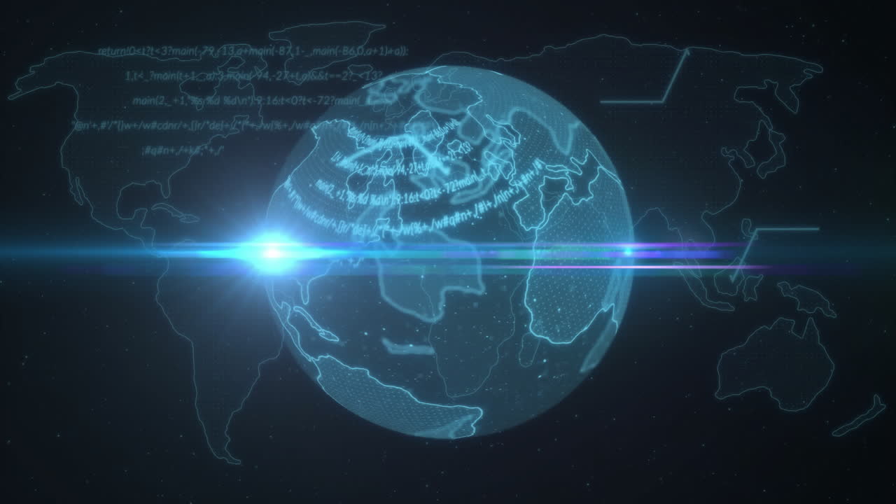 검은 바탕에 전 세계에 대한 데이터 처리의 애니메이션