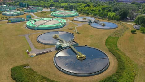 aerial view of modern water cleaning facility at urban wastewater treatment plant