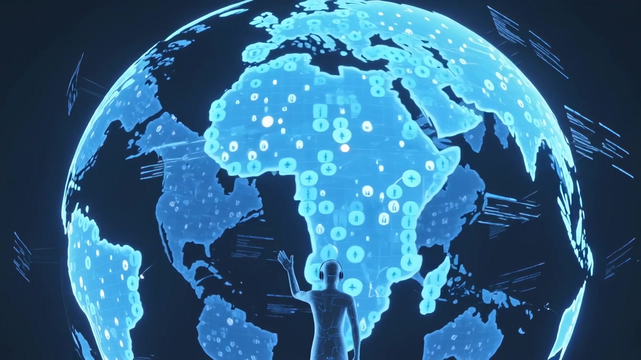 Avatar che si solleva, attivando un globo olografico nello spazio virtuale, evidenziando nodi per la selezione dei dati.