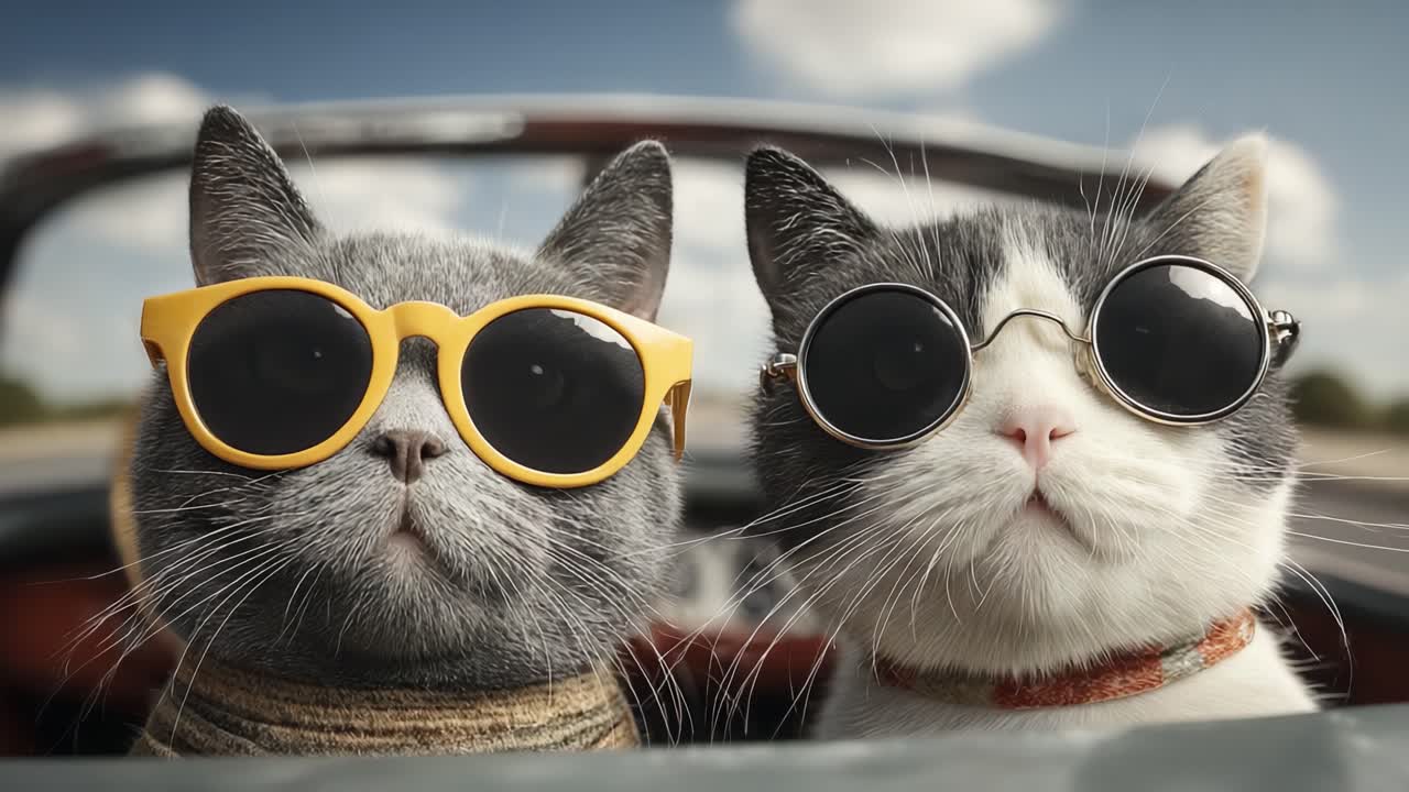 Two Stylish Cats Wearing Sunglasses Enjoying a Sunny Day in a Convertible Car, Radiating Coolness and Charm While Embracing Their Adventurous Spirit