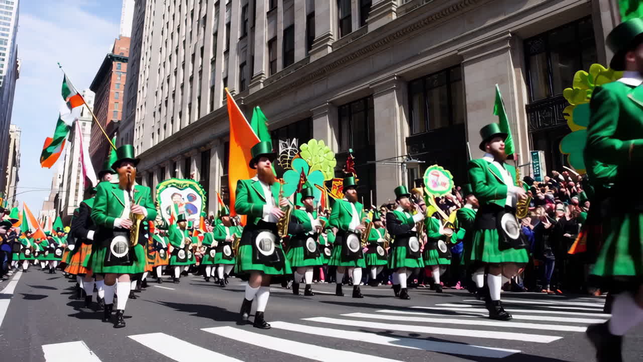 St. Patrick's Day Parade featuring a marching band in traditional Irish attire and kilts