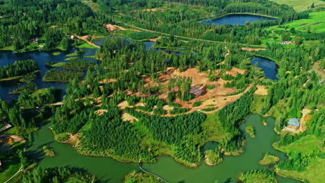 aerial view of scenic landscape with dense forest and lakes on sunny summer day
