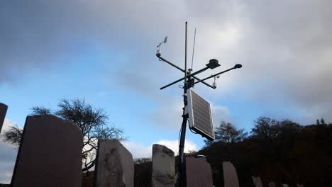 weather forecasting scientific station solar panel wind sensor under blue sky dolly low angle right