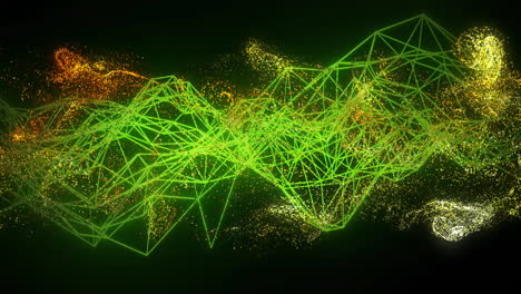 animation of digital network of connections over gold specks of light on black background