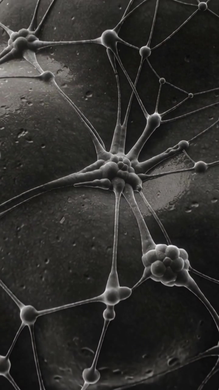 Video verticale: La telecamera si allontana, rivelando un nodo a stella sulla superficie per mostrare una rete di filamenti e perline.