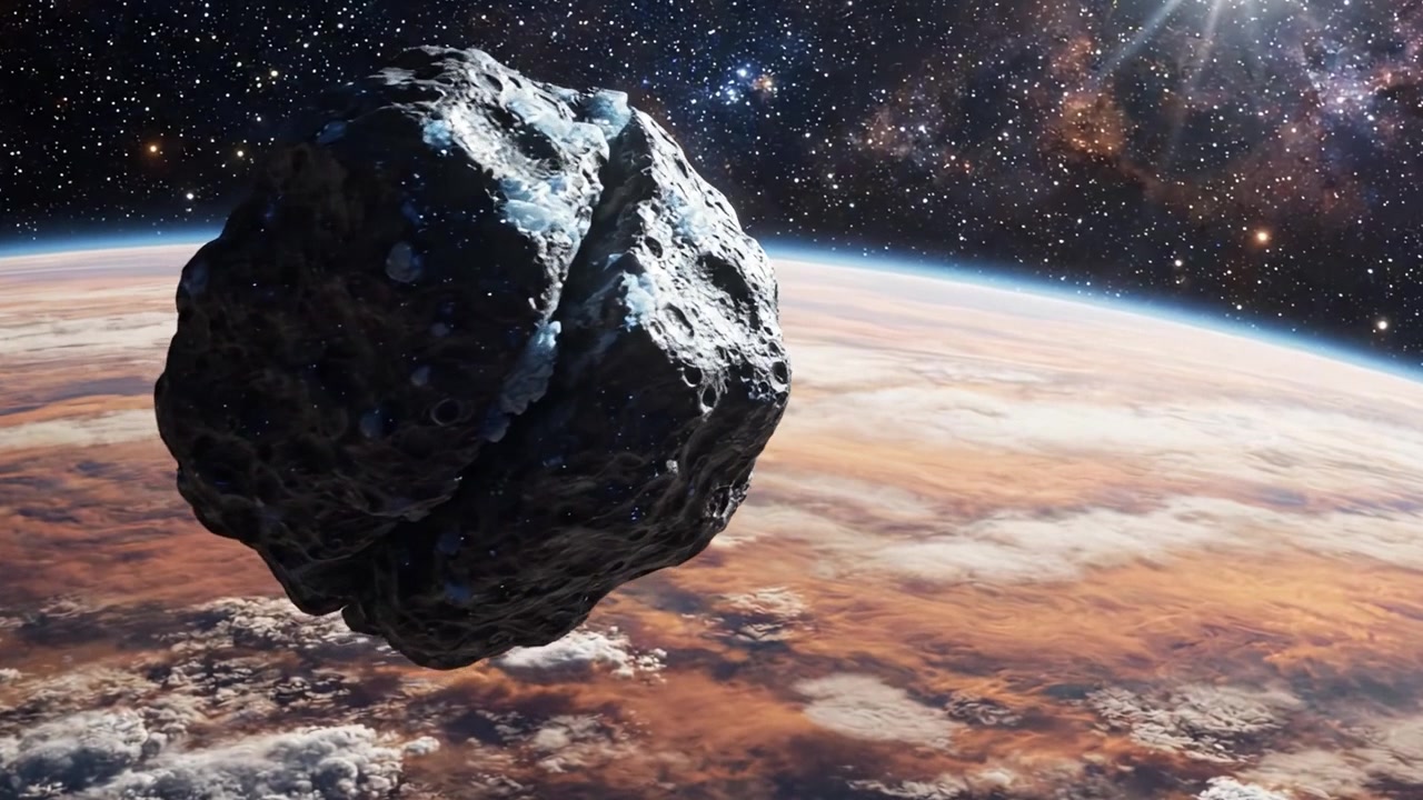 Maestoso Incontro Spaziale: Una Vista Ravvicinata di un Asteroide che Scivola Attraverso il Cosmo Sopra una Sorprendente Superficie Planetaria e Stelle Scintillanti sullo Sfondo.