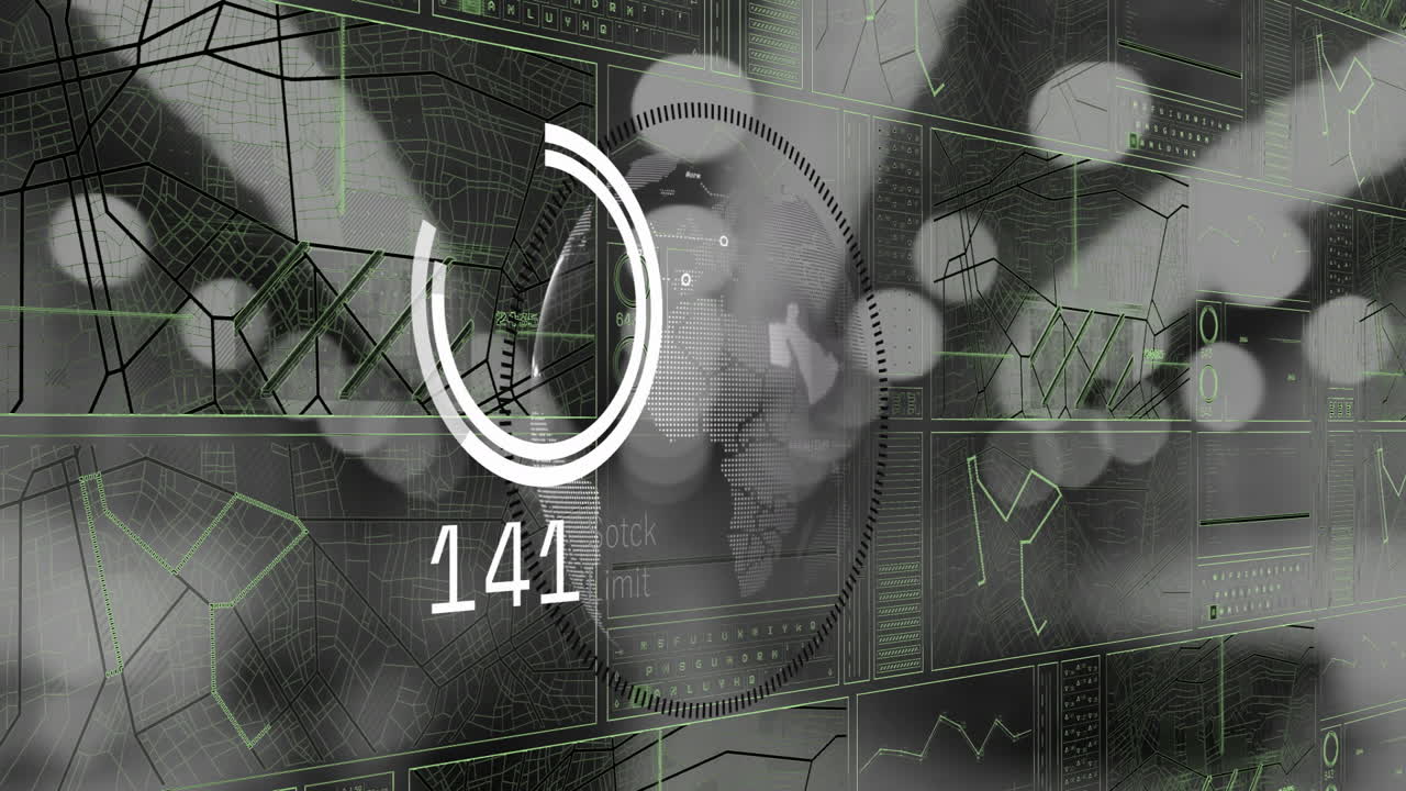 Digital HUD interface showing progress number 142 with grid panels and blurred lights animating