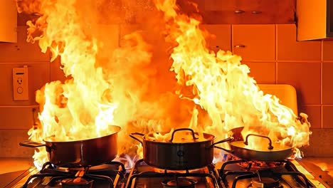 a stove with pots and pans on it on fire in a kitchen