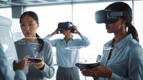 innovative collaboration in virtual reality: engaging professionals utilize advanced technology and wearable devices for interactive presentations and simulations