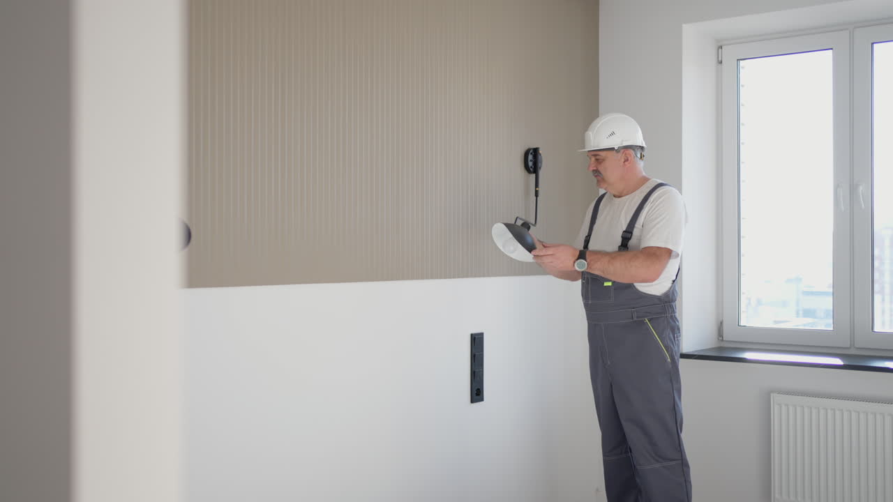 Electrician after repair in a bright modern house checks the work of the wall sconces of the lamp