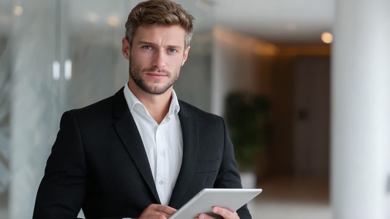 Uomo professionista sicuro di sé in abbigliamento da lavoro che utilizza un tablet in un moderno ufficio, che mette in mostra tecnologia e professionalità