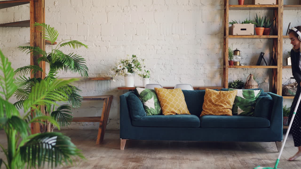 Woman Cleaning Her Cozy Living Room