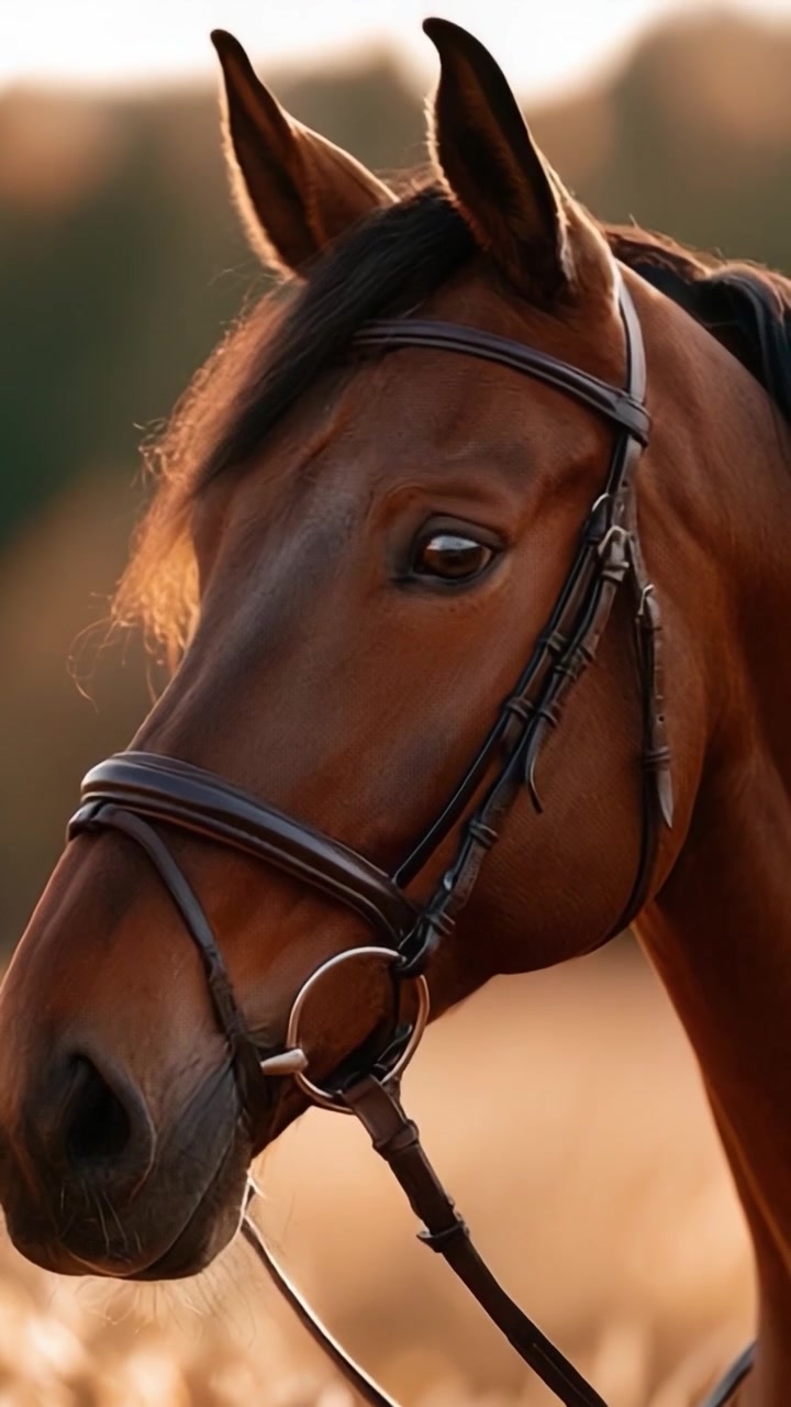 Um elegante cavalo marrom capturado em luz suave, exibindo seus olhos intensos e pelagem rica contra um fundo quente e natural.