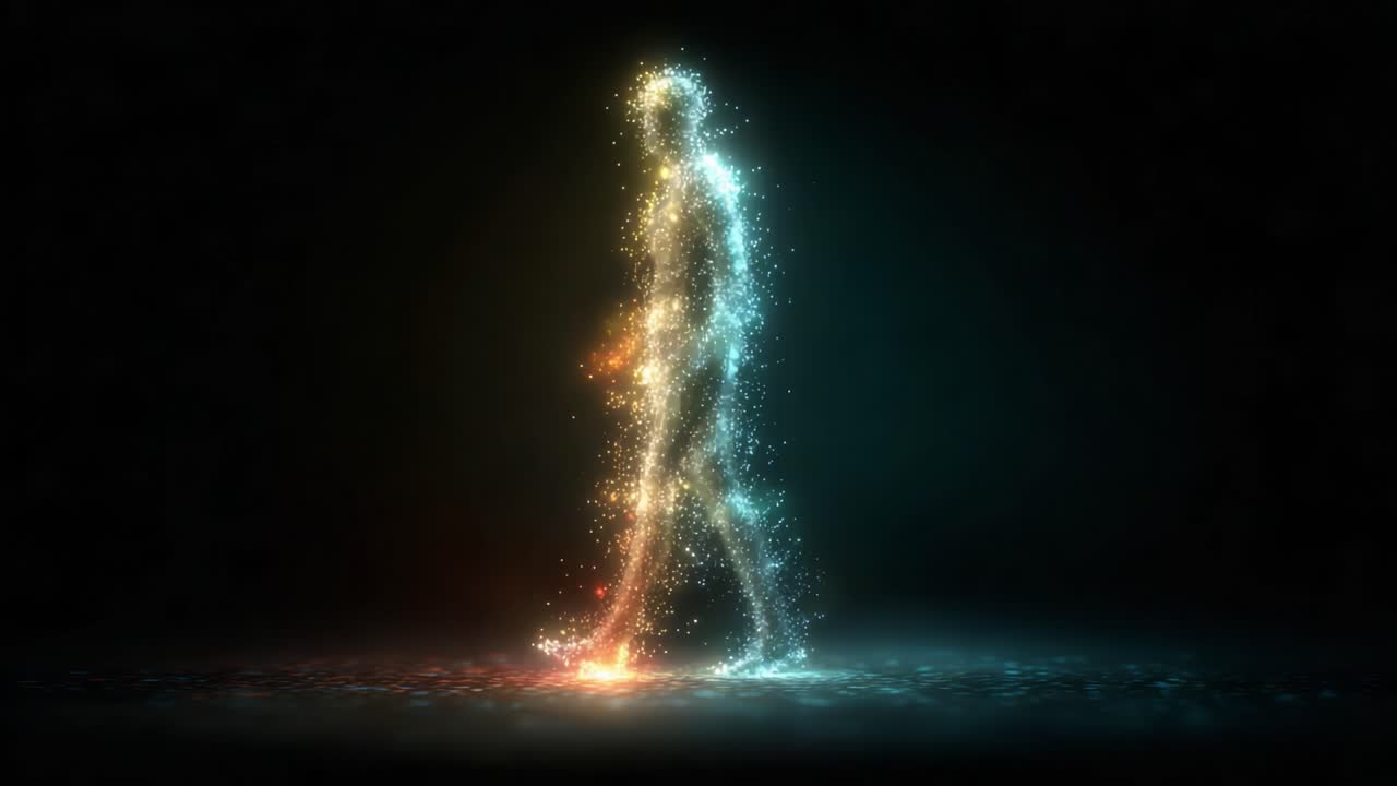 A Ethereal Journey of Light and Motion: A Stunning Representation of a Sparkling Figure Walking Through a Mystical Realm of Energy and Color
