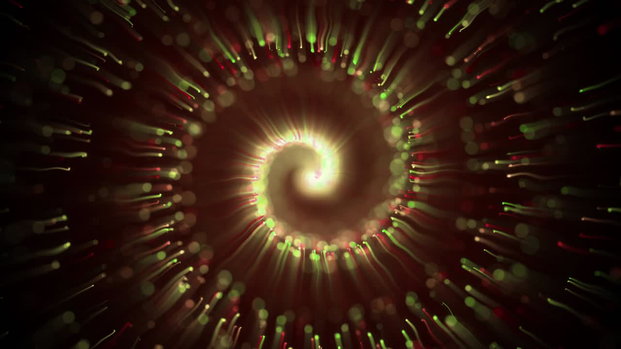 Polvere di stelle scintillante, spirale contorta di particelle scintillanti su sfondo nero. Coda di cometa spaziale. Magiche particelle dorate volanti. Animazione in loop continuo