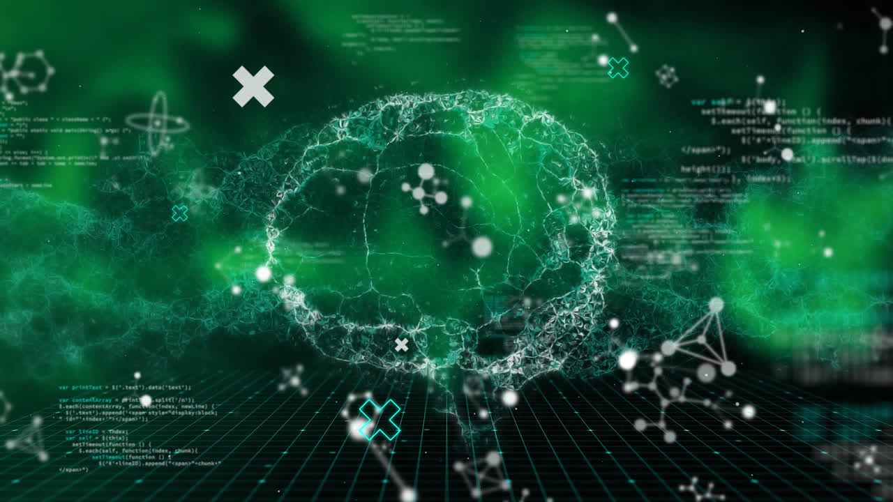 animación del procesamiento de datos sobre el cerebro humano en fondo oscuro