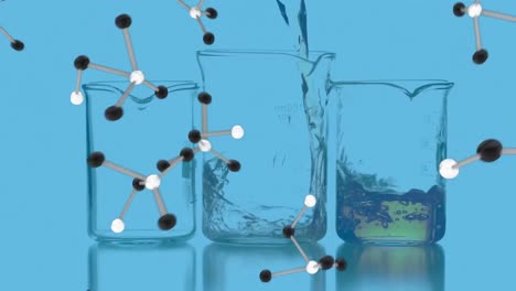 animation of falling nucleotides over liquid getting filled in beakers at laboratory