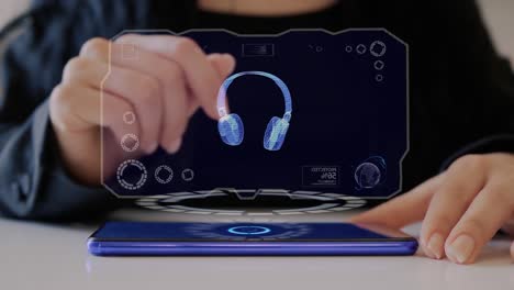 female hand interacts hologram earphones