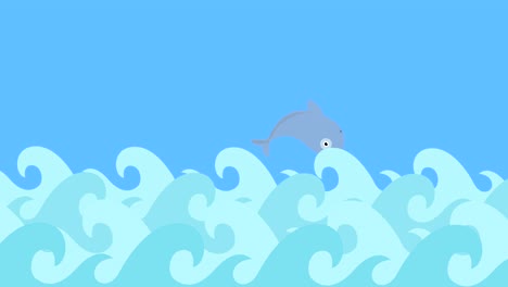 cartoon dolphins jumping between the sea waves on a blue sky