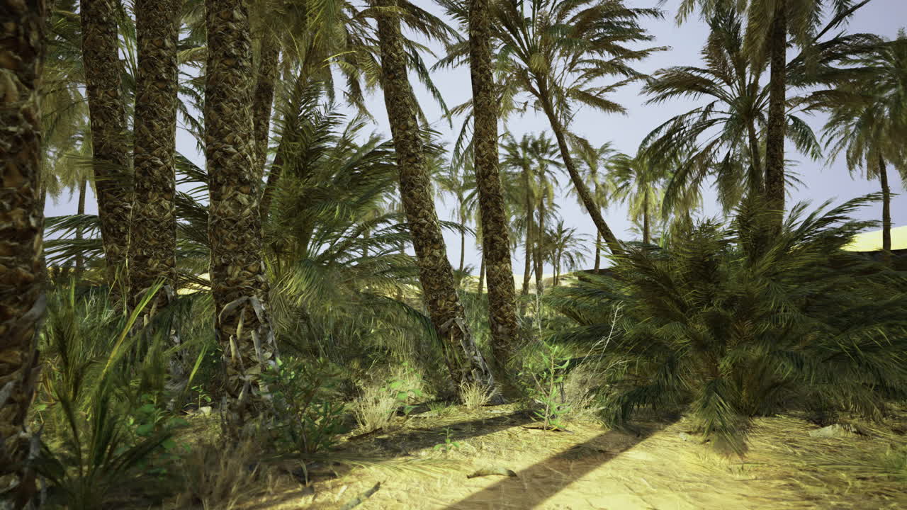 Lush palm trees in a tranquil tropical landscape under soft sunlight