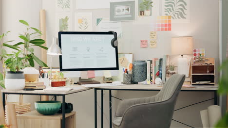 empty, workspace and a computer in a home office