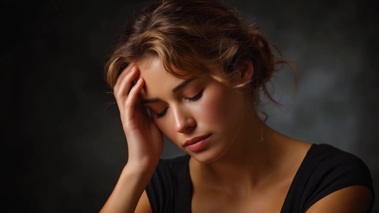 Una giovane donna in contemplazione vive un profondo viaggio emotivo, passando da una posa contemplativa a una di riflessione in un contesto artistico.