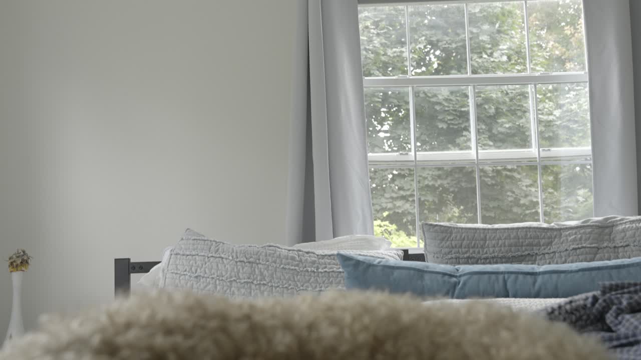 잠자는 골든두들을 드러내기 위해 아래로 기울어진 아름다운 침실