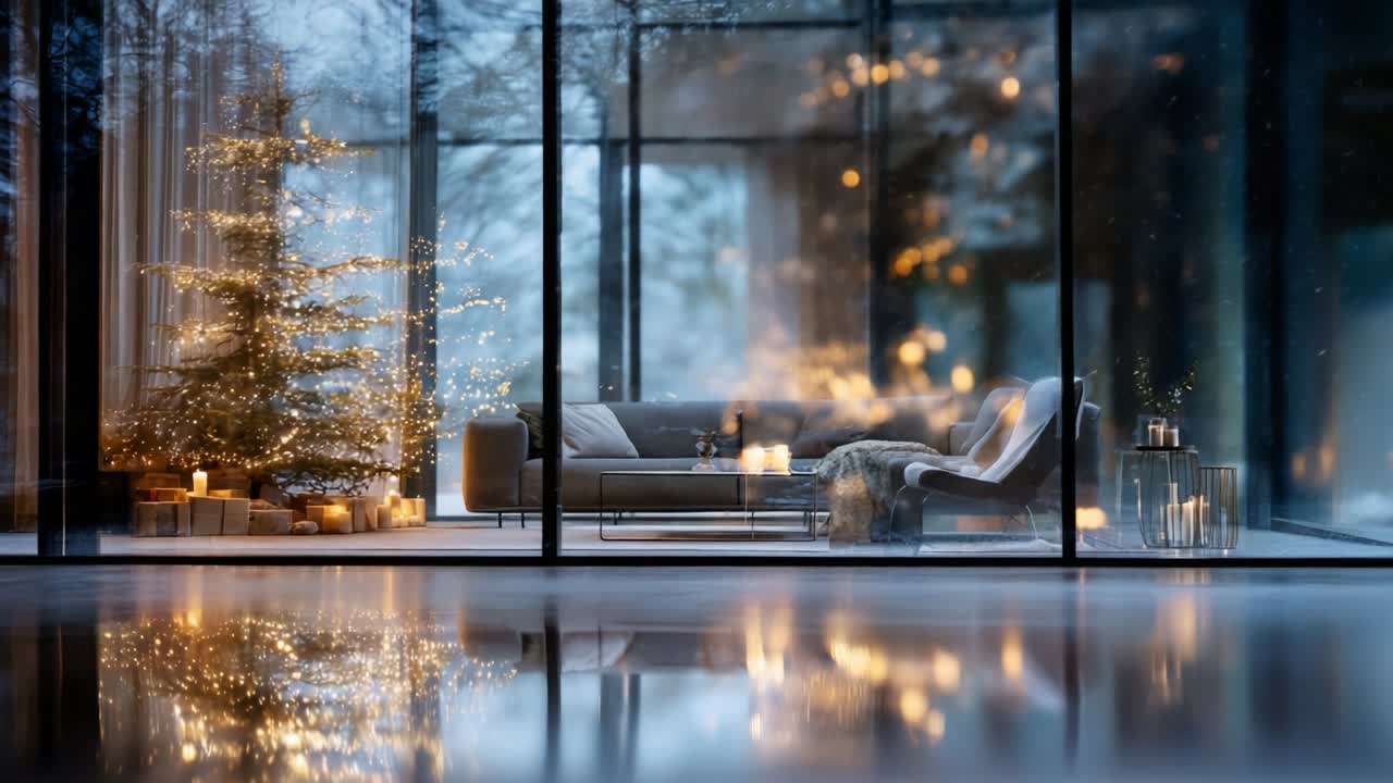 A Cozy Winter Wonderland: A Beautifully Decorated Living Space Featuring a Glimmering Christmas Tree, Soft Lighting, and Inviting Furnishings, Perfectly Captured from Outside the Glass Windows in a Snowy Setting