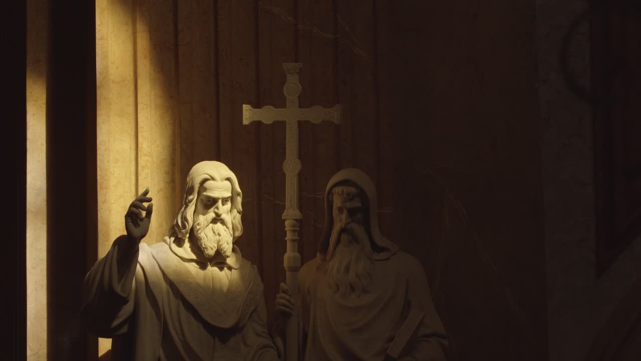 Close up shot of sun lighting catholic statue with crucifix cross in old cathedral church.