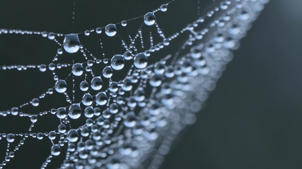 Nebbia mattutina che si condensa e ricopre una ragnatela ai margini del giardino, formando goccioline d'acqua sferiche.