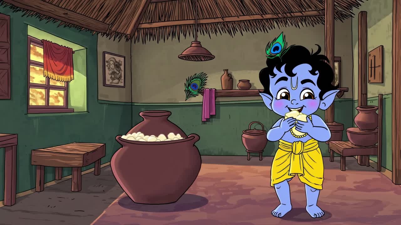 Animated character enjoying a delicious treat in a cozy, rustic kitchen ...