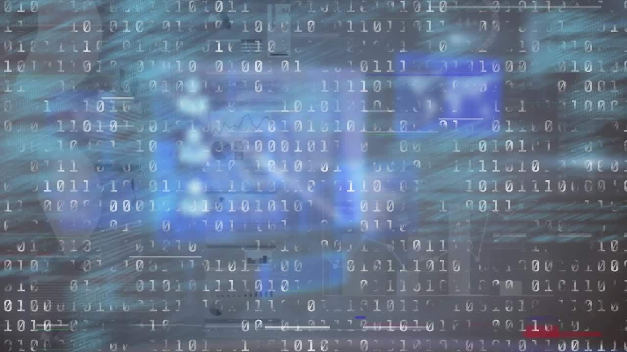 Animation of binary coding data processing over screen on blue background