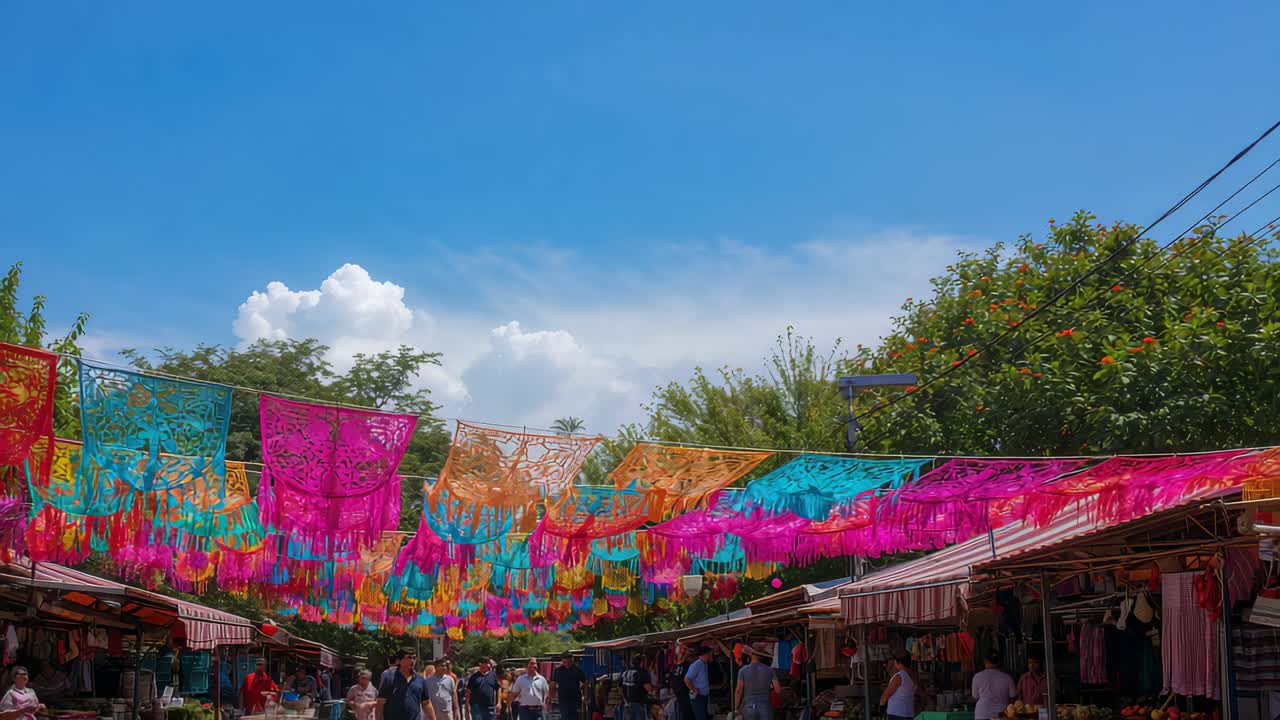 Swaying papel picado banners fluttering over market, breeze luring shoppers wearing shirts shopping