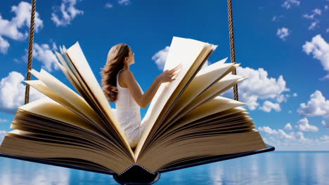 a book and woman floating in a dreamlike sky and sea landscape