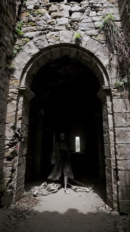 skeleton in an abandoned castle