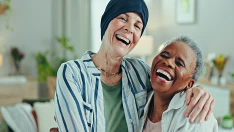 friends, senior women and hug in home
