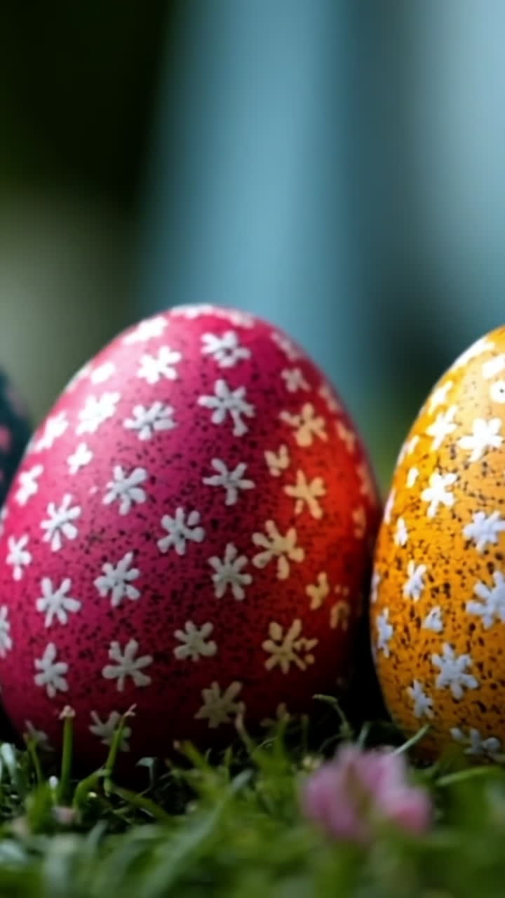 Colorful decorative eggs in spring grass. Vibrant eggs decorated with flowers rest in lush green grass amidst bright spring blossoms on a sunny day.