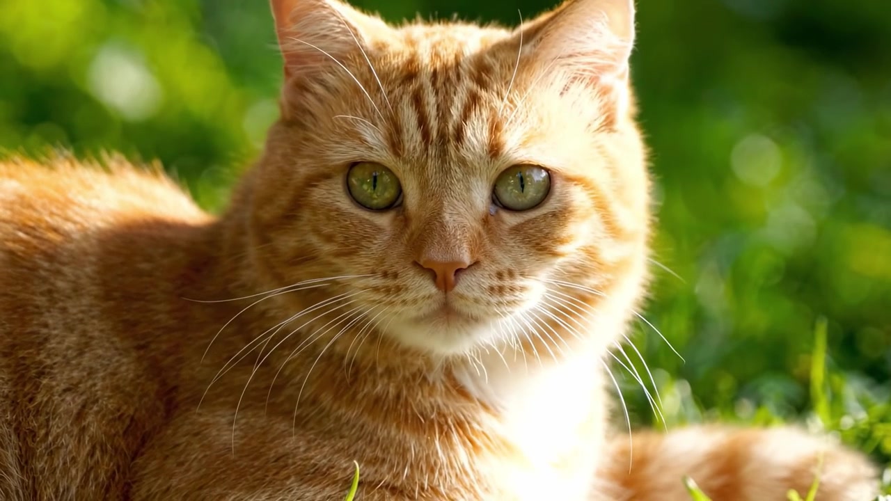 Un Affascinante Gatto Arancione che si Rilassa nell'Erba Illuminata dal Sole, Catturando la Sua Natura Giocosa e le Sue Espressioni Vivaci in Due Scatti Accattivanti
